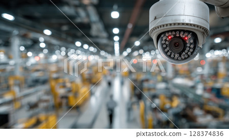 Security camera monitoring industrial warehouse with blurred background and bright lighting for safety 128374836
