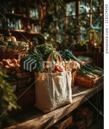Fresh vegetables in reusable bag on wooden table promote health wellness and sustainability in cozy market setting with natural light 128374948
