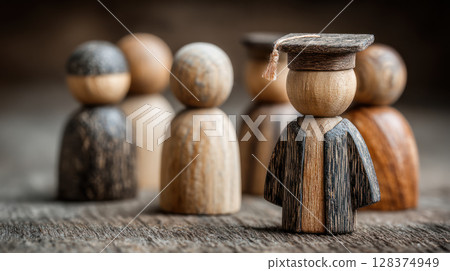 Wooden figures representing education and success with graduate wearing mortarboard cap standing out among others 128374949