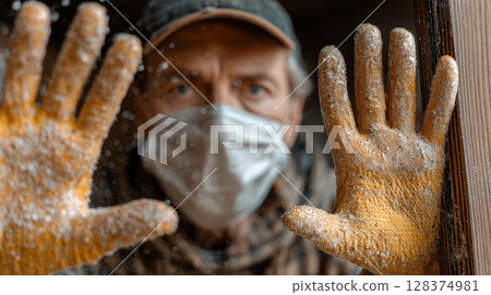 Man wearing mask and yellow gloves covered in sanitizer foam shows caution and fear of germs due to mysophobia in close up protective gesture 128374981