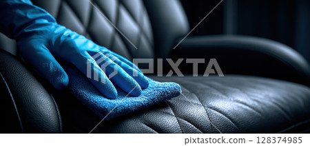 Person wearing blue gloves disinfects black leather chair with cloth showing cleaning care to prevent virus spread and mysophobia concerns Person wearing blue gloves disinfects black leather chair with cloth showing cleaning care to prevent virus spread and mysophobia concerns 128374985