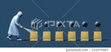 Person in protective clothing sprays sanitizer on virus shaped objects on shopping bags showing hygiene and mysophobia concerns Person in protective clothing sprays sanitizer on virus shaped objects on shopping bags showing hygiene and mysophobia concerns 128374987