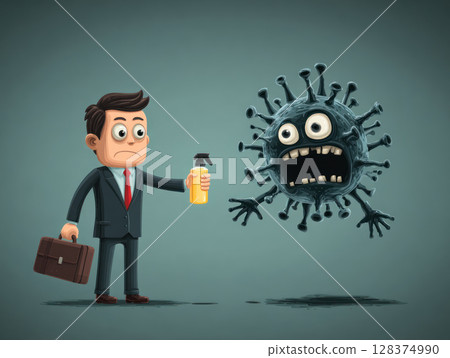 Cautious businessman with mysophobia holds sanitizer facing fearful virus character showing fear and caution in protective action Cautious businessman with mysophobia holds sanitizer facing fearful virus character showing fear and caution in protective action 128374990