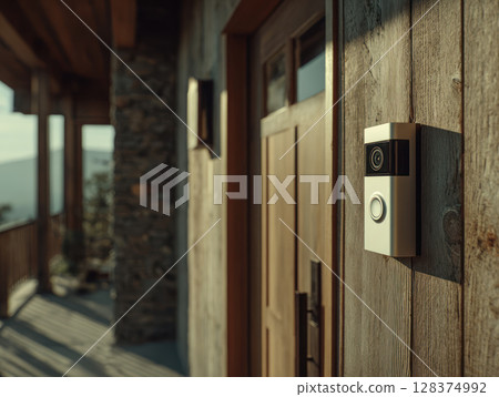 Smart doorbell camera mounted on rustic wooden wall near modern entrance door with natural daylight and warm ambiance 128374992