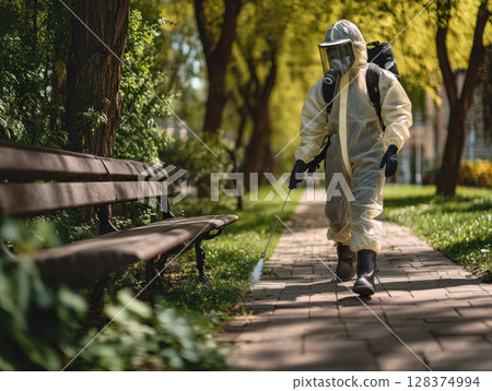 Person in protective suit disinfects park pathway to prevent virus spread showing cleaning efforts for mysophobia in sunny outdoor environment 128374994