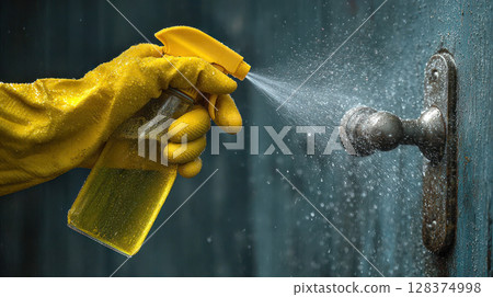 Cleaning spray bottle with disinfect liquid is used to clean door handle preventing virus spread for mysophobia protection and hygiene care Cleaning spray bottle with disinfect liquid is used to clean door handle preventing virus spread for mysophobia protection and hygiene care 128374998