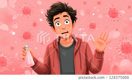 Fear and caution guide this young man with mysophobia holding sanitizer as he avoids germs in pink background filled with virus particles 128375000