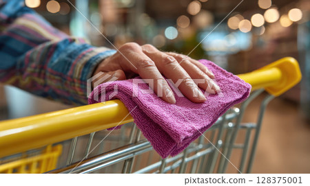 Person cleaning shopping cart handle with pink cloth to disinfect and prevent virus spread showing care for mysophobia and hygiene 128375001
