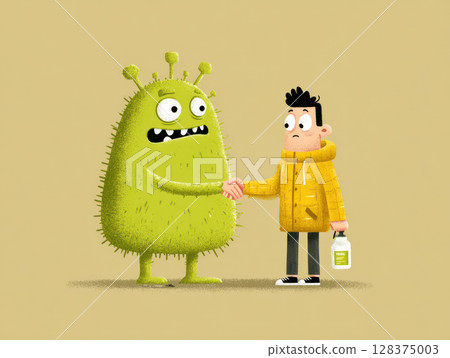Cautious person with mysophobia shakes hands with green germ while holding sanitizer showing fear and caution in this humorous scene 128375003