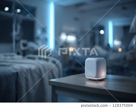 Smart medical monitoring device on hospital bedside table with sterile clinical lighting and calm blue ambiance 128375004