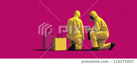 Two people in yellow hazmat suits practice hygiene with sanitizer to prevent virus spread showing mysophobia concern in bright setting Two people in yellow hazmat suits practice hygiene with sanitizer to prevent virus spread showing mysophobia concern in bright setting 128375007