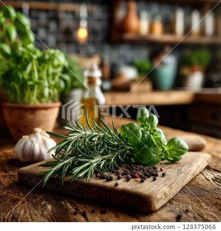 Fresh rosemary and basil herbs with peppercorns on wooden board in cozy kitchen setting showing nature and lifestyle elements in warm light 128375068