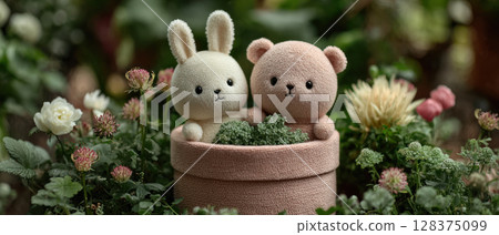 Kawaii bunny and bear plush toys sitting together in soft pink pot surrounded by green plants and flowers creating charming scene 128375099