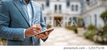 Real estate agent is working on tablet outside beautiful house showing property that could be your perfect home to buy or rent 128375236