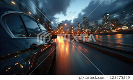 Car travels fast on wet road at night with city lights reflecting on surface creating dynamic travel scene full of motion and energy 128375239