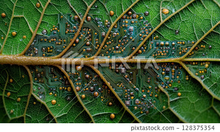Close up of green leaf with veins shaped like circuit board representing eco friendly technology and sustainability in nature 128375354