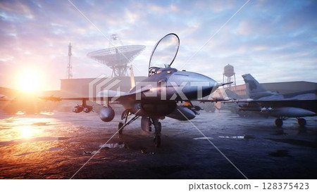 Military american base. American fighter jet. 3d rendering. Military american base. American fighter jet. 3d rendering. 128375423