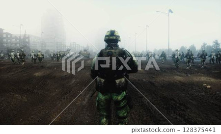 Soldier with gun in in a ruined city. 3d rendering. Soldier with gun in in a ruined city. 3d rendering. 128375441