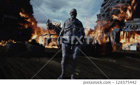 Zombie in apocalyptic burning city. Armageddon. 3d rendering. 128375442