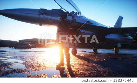 Military american pilot. American fighter jet. 3d rendering. Military american pilot. American fighter jet. 3d rendering. 128375443