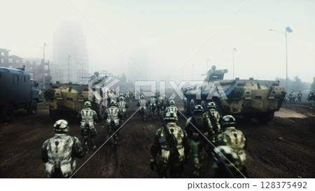 armored infantry vehicles with soldiers in in a ruined city. 3d rendering. 128375492