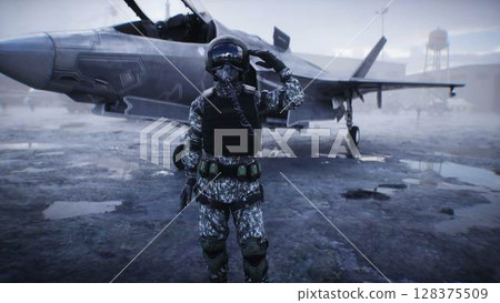 Military american pilot. American fighter jet. 3d rendering. 128375509