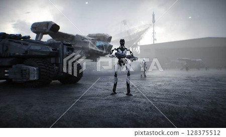 Futuristic military base with robots and aerial ship. 3d rendering. Futuristic military base with robots and aerial ship. 3d rendering. 128375512