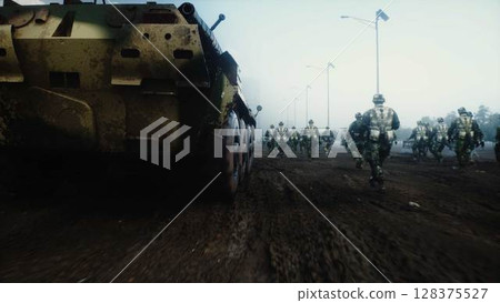 armored infantry vehicles with soldiers in in a ruined city. 3d rendering. armored infantry vehicles with soldiers in in a ruined city. 3d rendering. 128375527