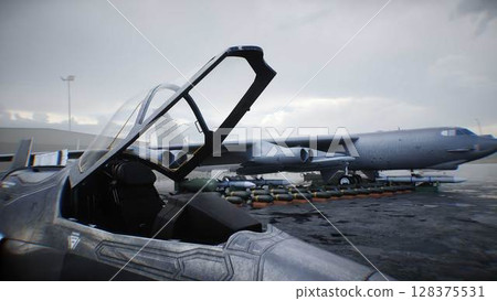 Military american base. American battle heavy bomber. 3d rendering. 128375531
