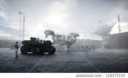 Futuristic military base with robots and aerial ship. 3d rendering. 128375534