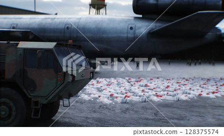 Anti war concept. Corpses covered with sheets. Military base. 3d rendering. Anti war concept. Corpses covered with sheets. Military base. 3d rendering. 128375574