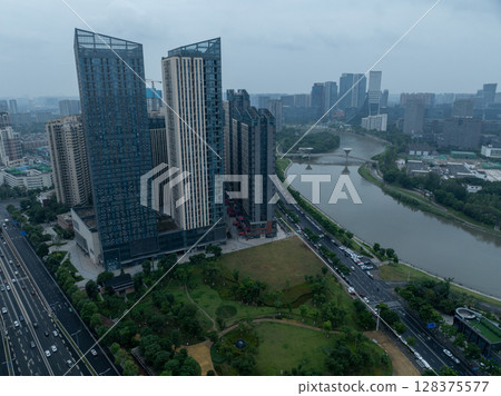 Aerial view of construction site of modern office buildings in Chengdu city, China 128375577