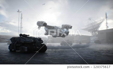 Futuristic military base with robots and aerial ship. 3d rendering. 128375617