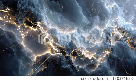 Marble texture with glowing golden veins creates stunning natural pattern that highlights stone depth and elegance in this close up image 128375638