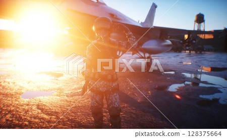 Military american pilot. American fighter jet. 3d rendering. Military american pilot. American fighter jet. 3d rendering. 128375664
