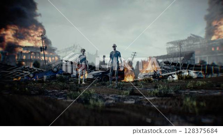 Zombie in apocalyptic burning city. Armageddon. 3d rendering. 128375684