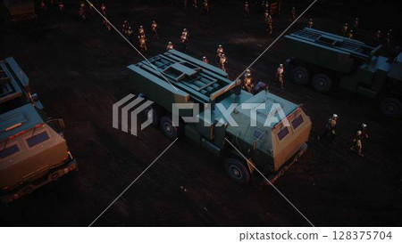 American High Mobility Artillery Rocket System in a ruined city. 3d rendering. 128375704