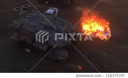 apocalyptic war machine drives through a destroyed burning city. 3d rendering. 128375707