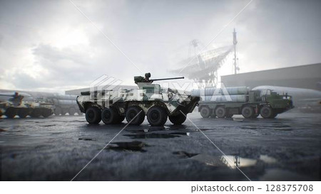 Military russian base. Russian battle armored infantry vehicle. 3d rendering. Military russian base. Russian battle armored infantry vehicle. 3d rendering. 128375708
