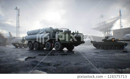 Russian air defense system. Military base. 3d rendering. Russian air defense system. Military base. 3d rendering. 128375713
