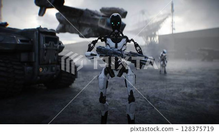 Futuristic military base with robots and aerial ship. 3d rendering. Futuristic military base with robots and aerial ship. 3d rendering. 128375719