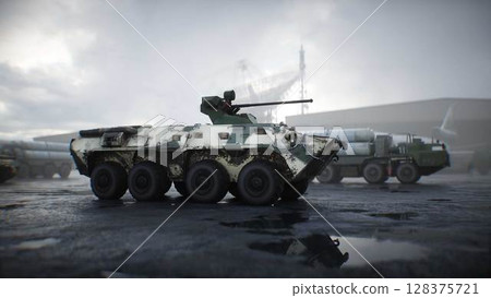 Military russian base. Russian battle armored infantry vehicle. 3d rendering. Military russian base. Russian battle armored infantry vehicle. 3d rendering. 128375721