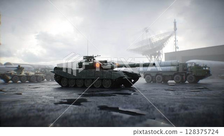 Military russian base. Russian battle tank. 3d rendering. Military russian base. Russian battle tank. 3d rendering. 128375724