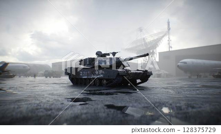 Military american base. American battle tank 3d rendering. Military american base. American battle tank 3d rendering. 128375729