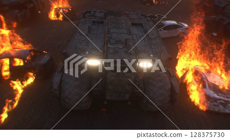 apocalyptic war machine drives through a destroyed burning city. 3d rendering. 128375730