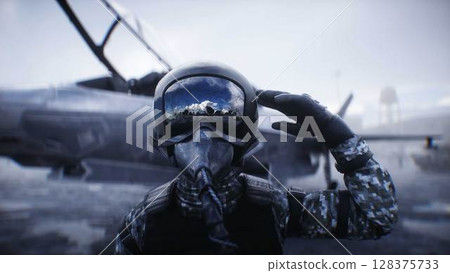 Military american pilot. American fighter jet. 3d rendering. Military american pilot. American fighter jet. 3d rendering. 128375733