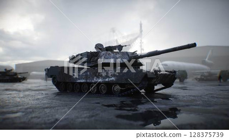 Military american base. American battle tank 3d rendering. Military american base. American battle tank 3d rendering. 128375739