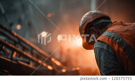 Construction worker bending forward holding lower back after lifting heavy materials with industrial site background 128375755
