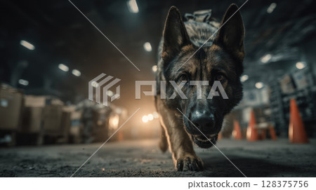 Police dog practicing crowd control techniques in dimly lit training facility with tactical gear and focused expression 128375756