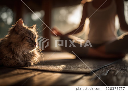 Individual meditation with cat resting nearby in warm natural light creating peaceful mindfulness atmosphere Individual meditation with cat resting nearby in warm natural light creating peaceful mindfulness atmosphere 128375757